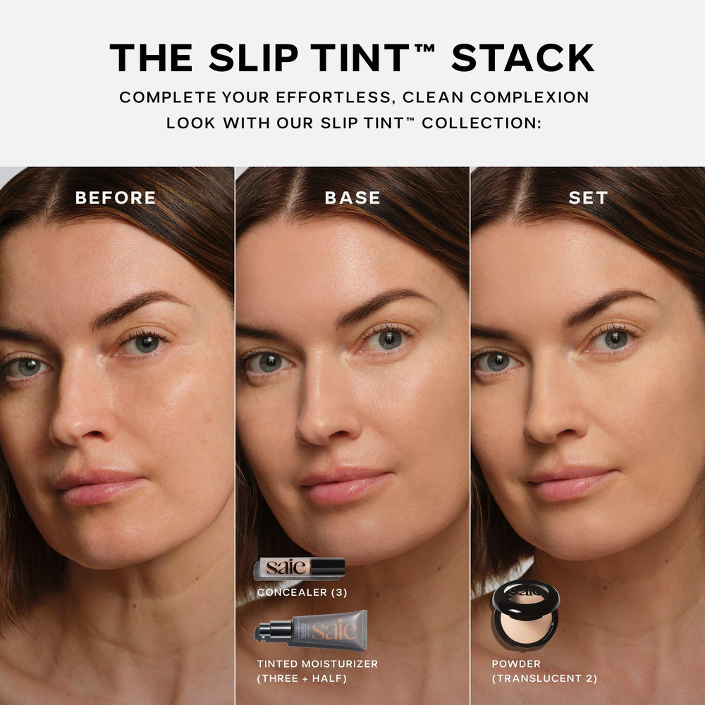 Saie Slip Tint beside common items showing 1.35 oz scale for travel-friendly size