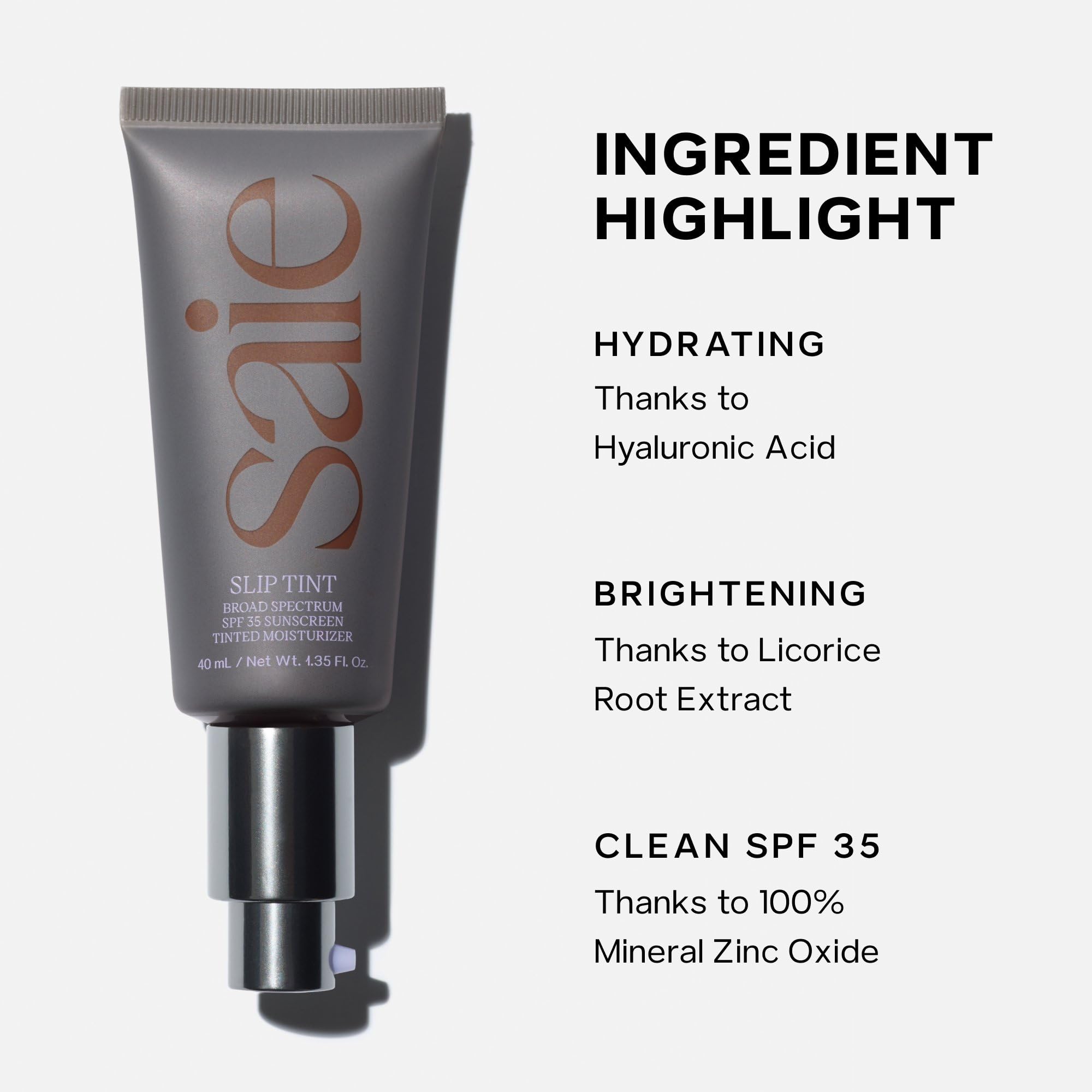 Saie tube beside a credit card to show 1.35 oz size and portability for on-the-go use
