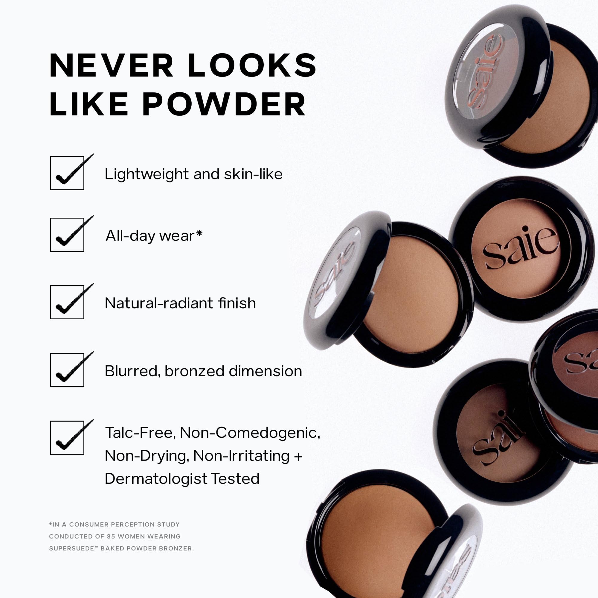 Bronzer compact beside everyday items to show Saie SuperSuede portable size benefit
