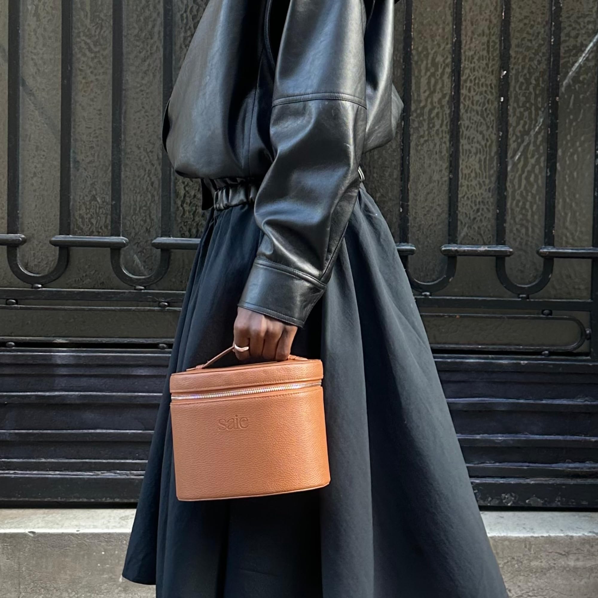 Saie Vanity Case close-up of vegan leather texture highlighting durable, easy-clean finish
