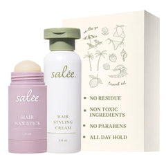 SALEE. duo front packaging showing compact travel-ready styling set