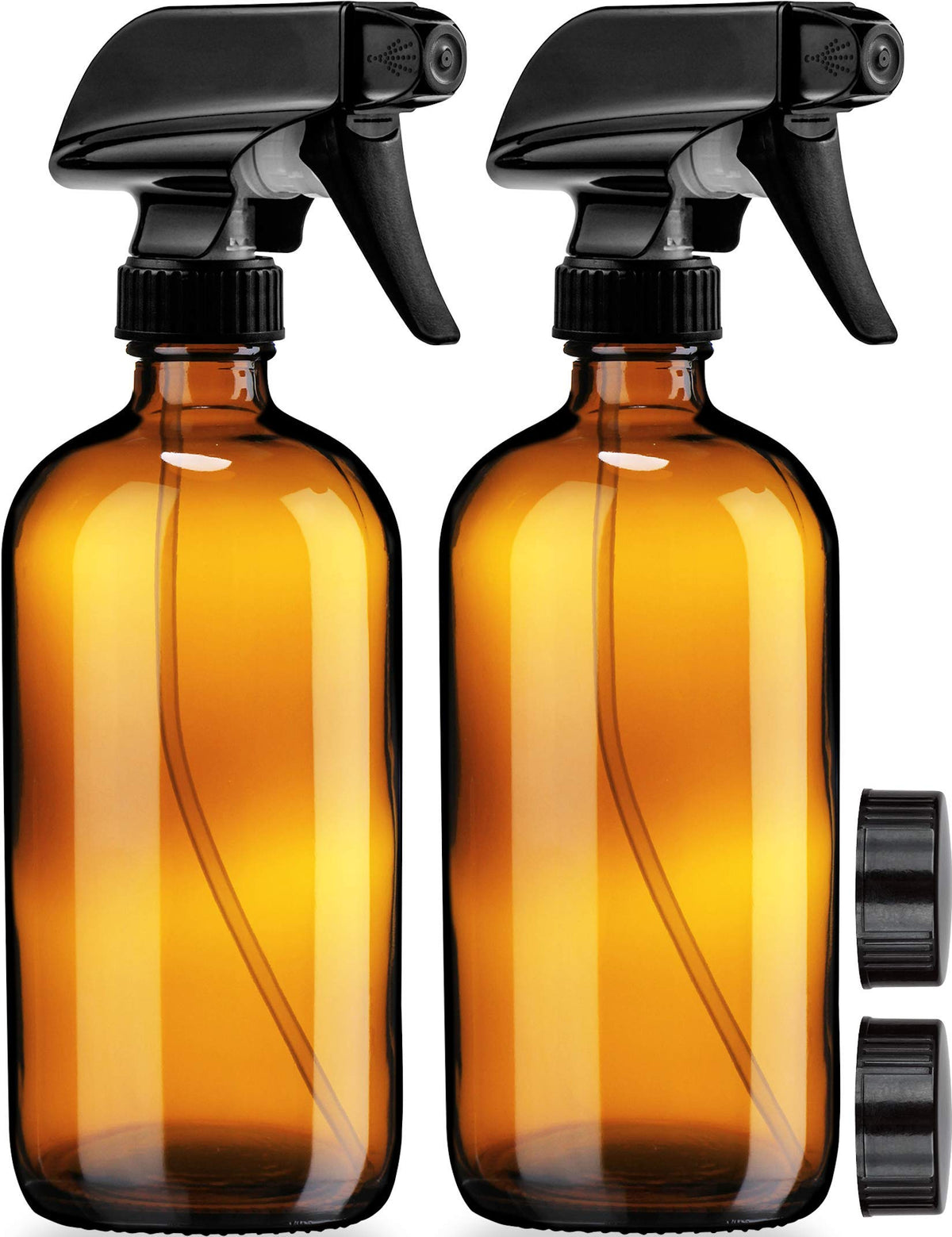 Sally's Organics front view of amber glass bottles showing durable 16oz capacity benefit