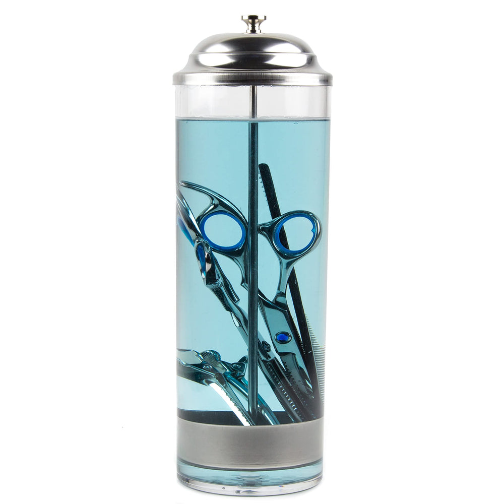 Salon Supply Co sterilizer jar front view showing clear acrylic and organized tools benefit visibility