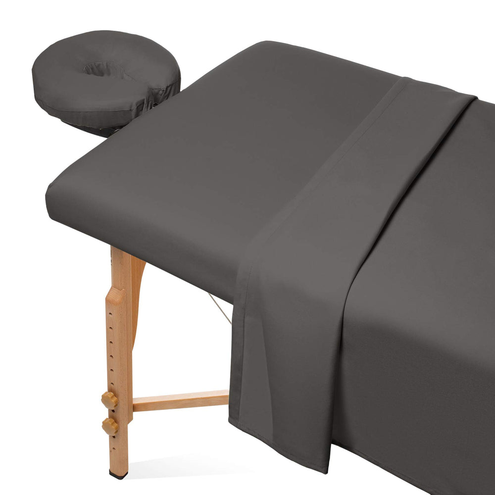 Saloniture front packaging showing gray sheet set and neat presentation benefit