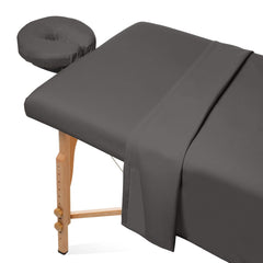 Saloniture front packaging showing gray sheet set and neat presentation benefit