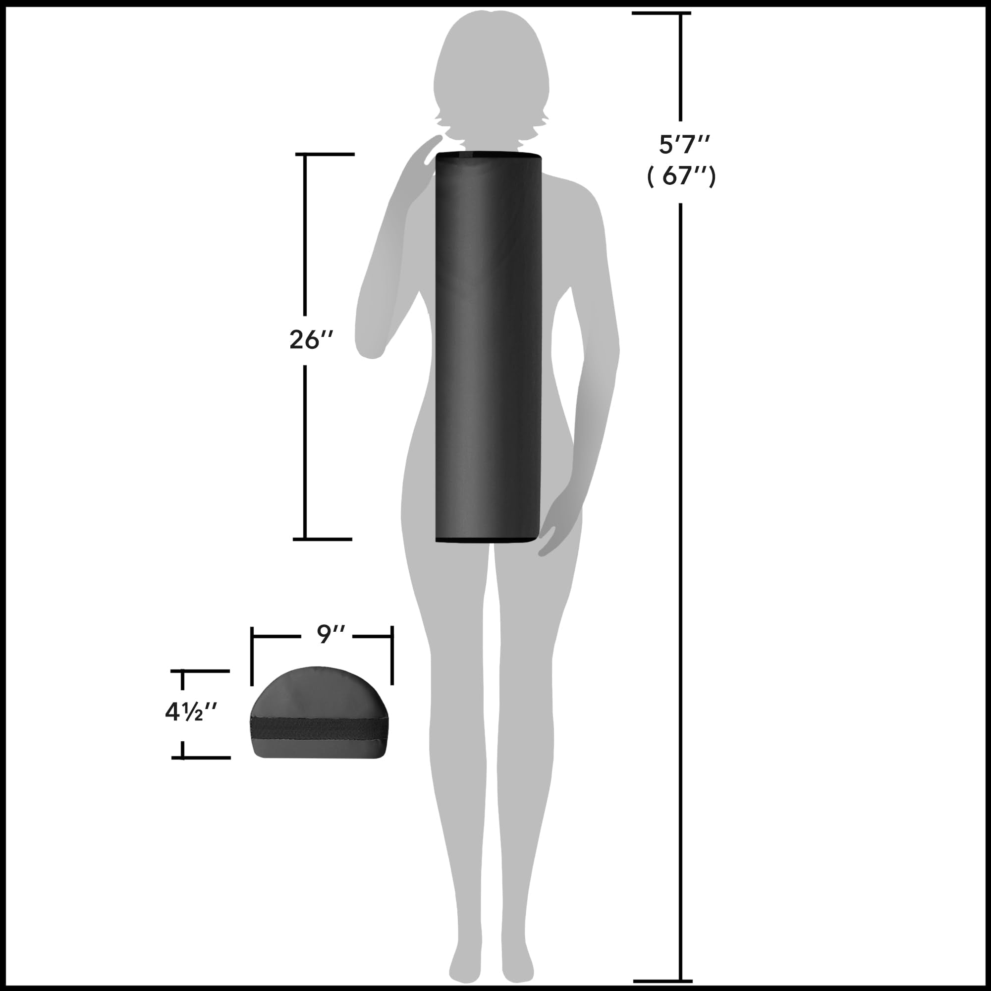 Saloniture bolster beside ruler showing 26x9x4.5 inches for accurate sizing