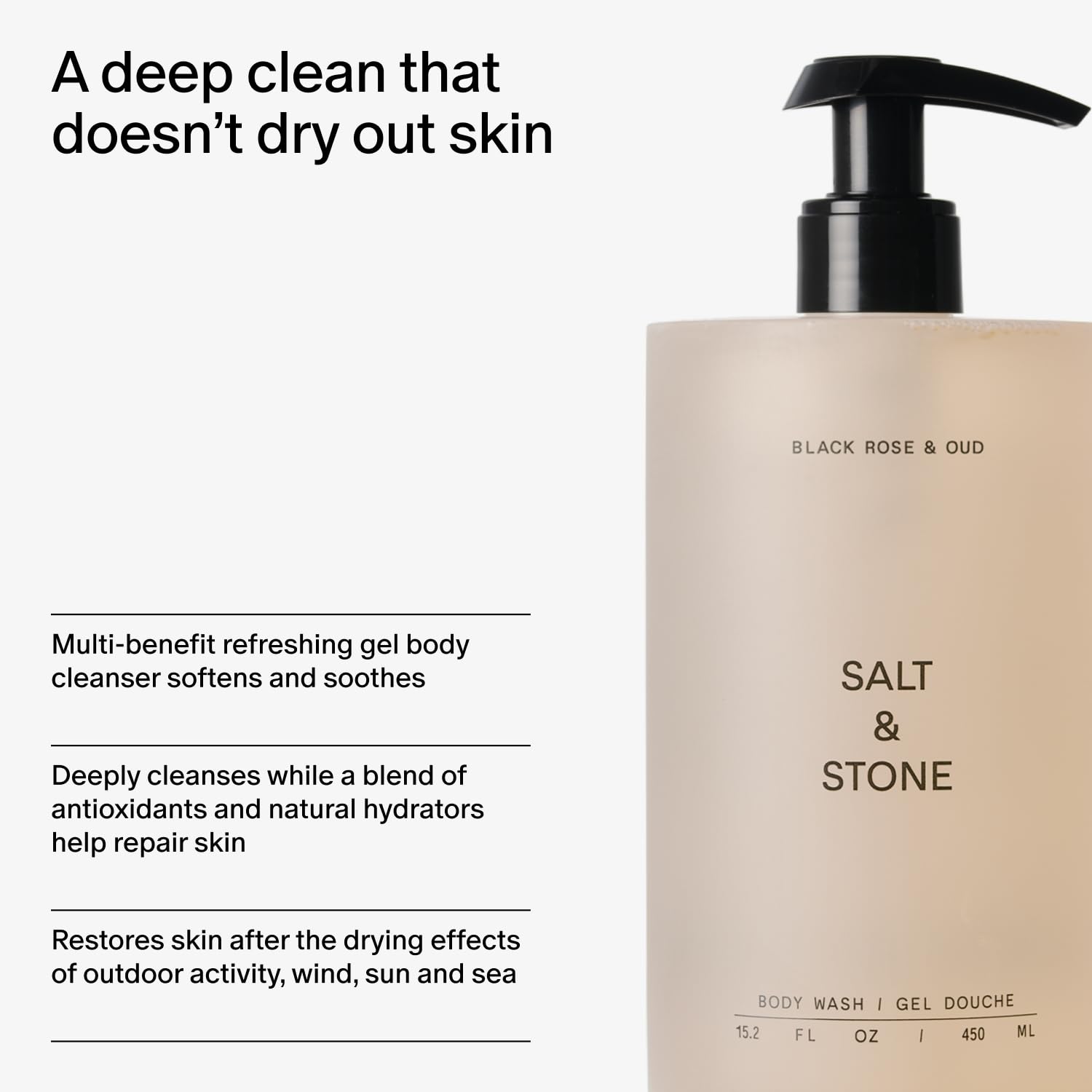 Salt & Stone bottle held in hand to show 32 fl oz scale and value