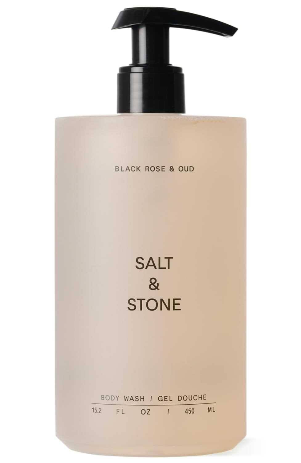 Salt & Stone front bottle showing black rose oud scent and sleek design benefits bathroom display