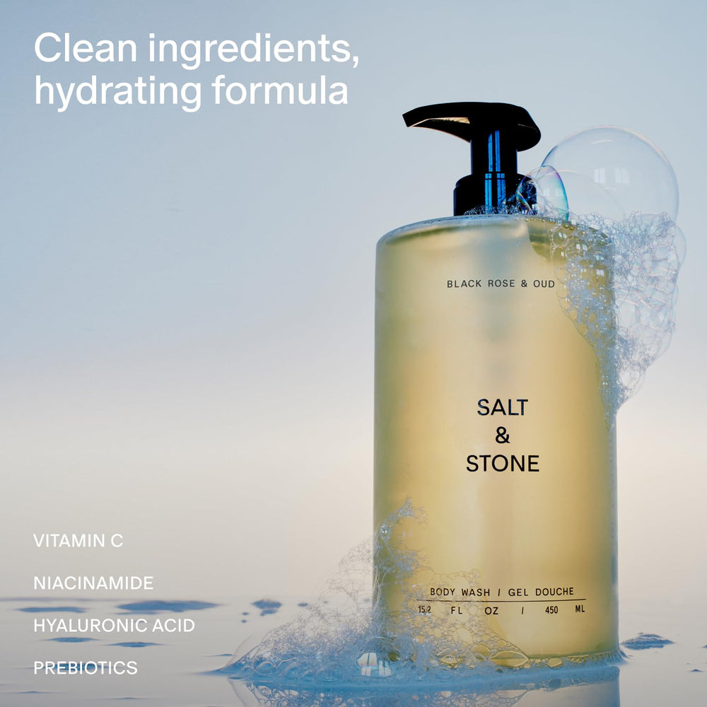Salt & Stone pump dispensing gel lather demonstrating easy application and rich foam