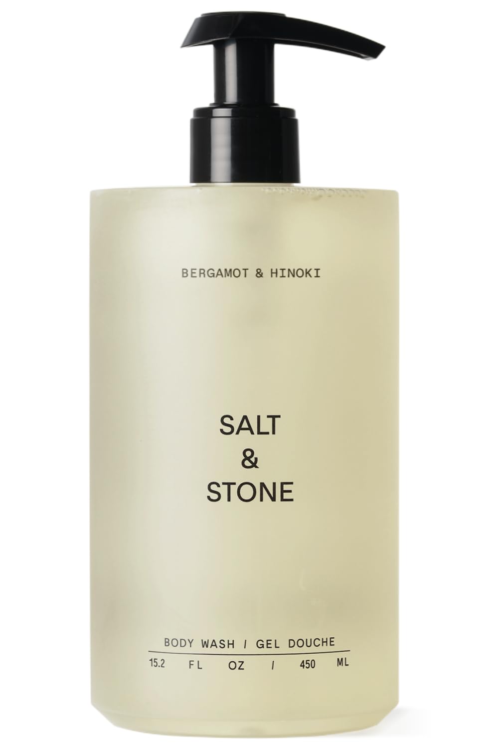Salt & Stone front bottle showing bergamot and hinoki scent design and benefit