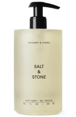 Salt & Stone front bottle showing bergamot and hinoki scent design and benefit