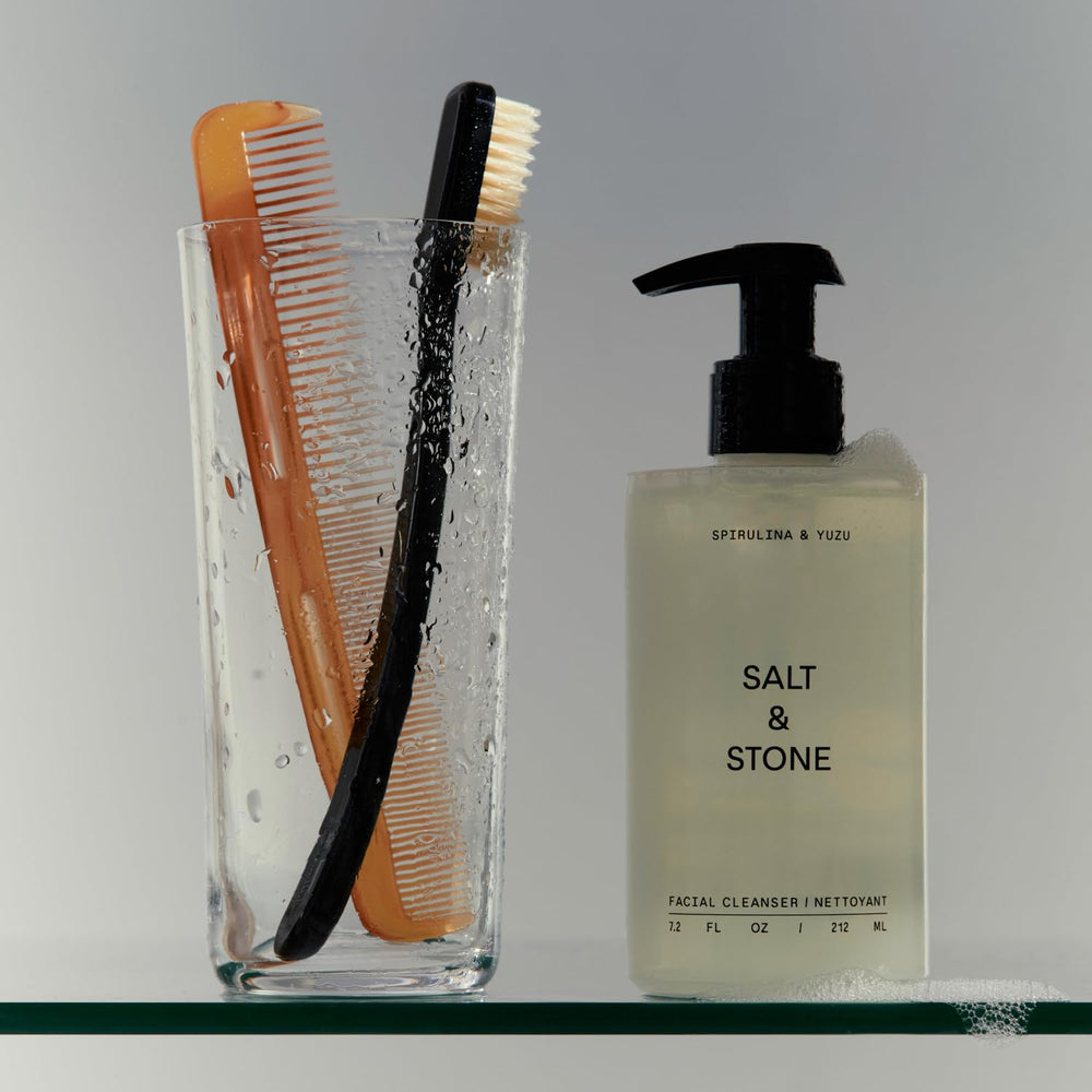 Salt & Stone cleanser in bathroom lifestyle scene suggesting everyday routine
