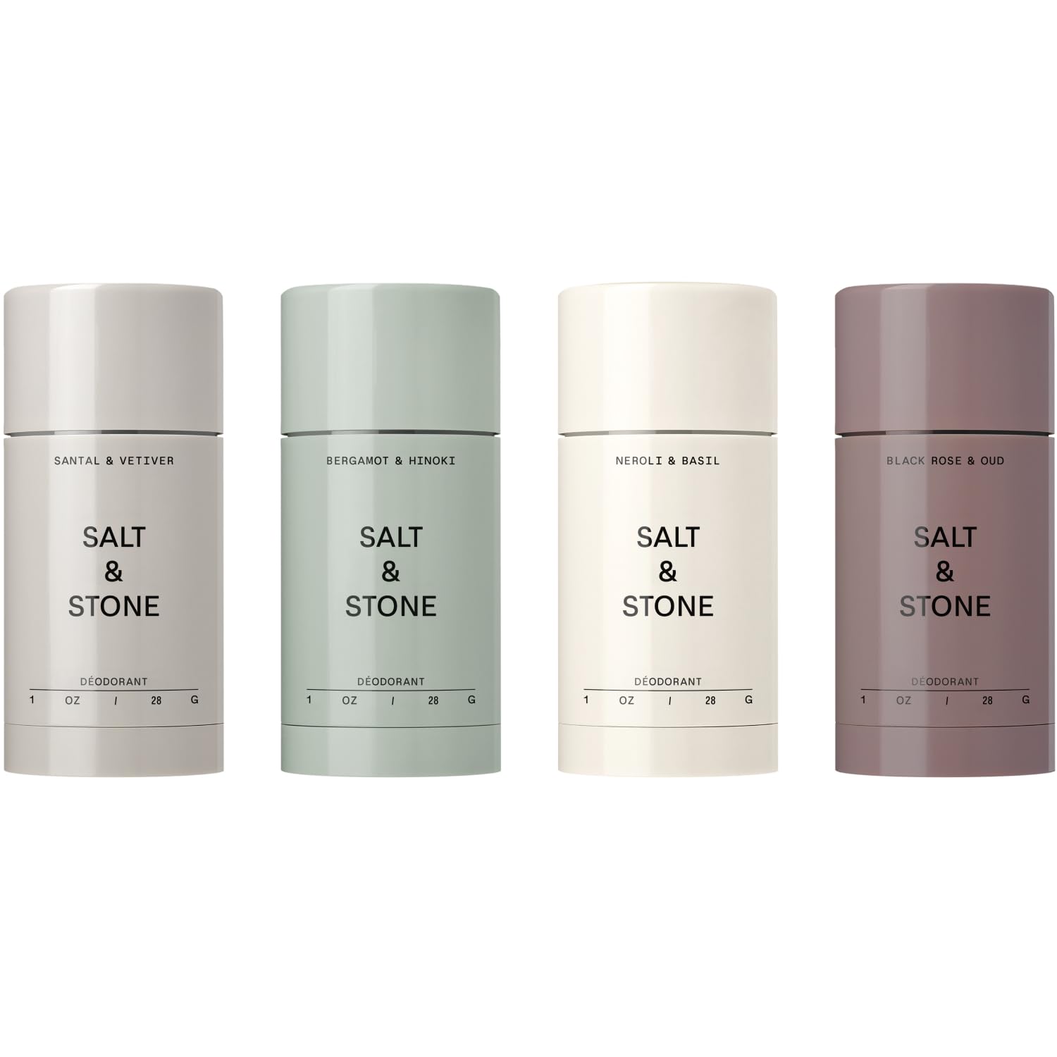 Salt & Stone front packaging showing four travel deodorant sticks for easy travel