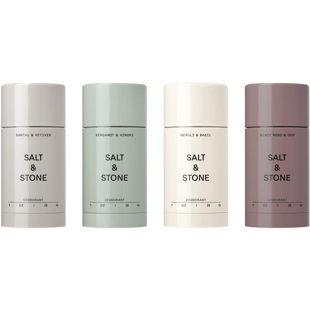 Salt & Stone front packaging showing four travel deodorant sticks for easy travel
