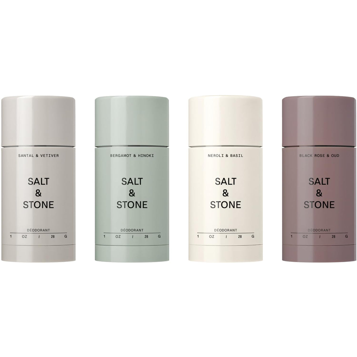 Salt & Stone front packaging showing four travel deodorant sticks for easy travel