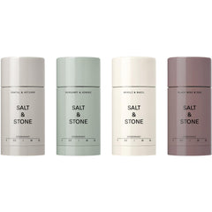 Salt & Stone front packaging showing four travel deodorant sticks for easy travel