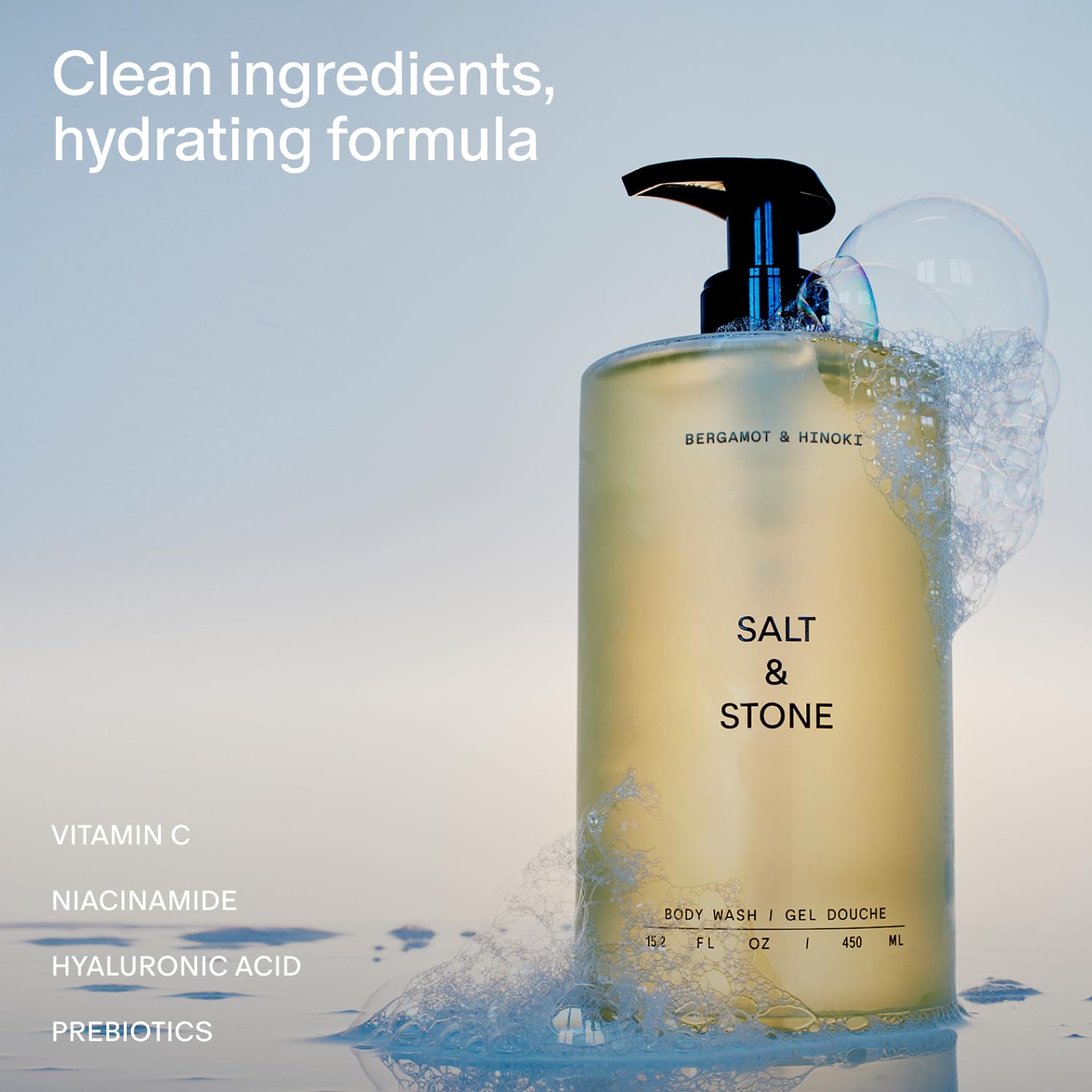 Salt & Stone gel texture close-up showing creamy lather and hydrating benefit