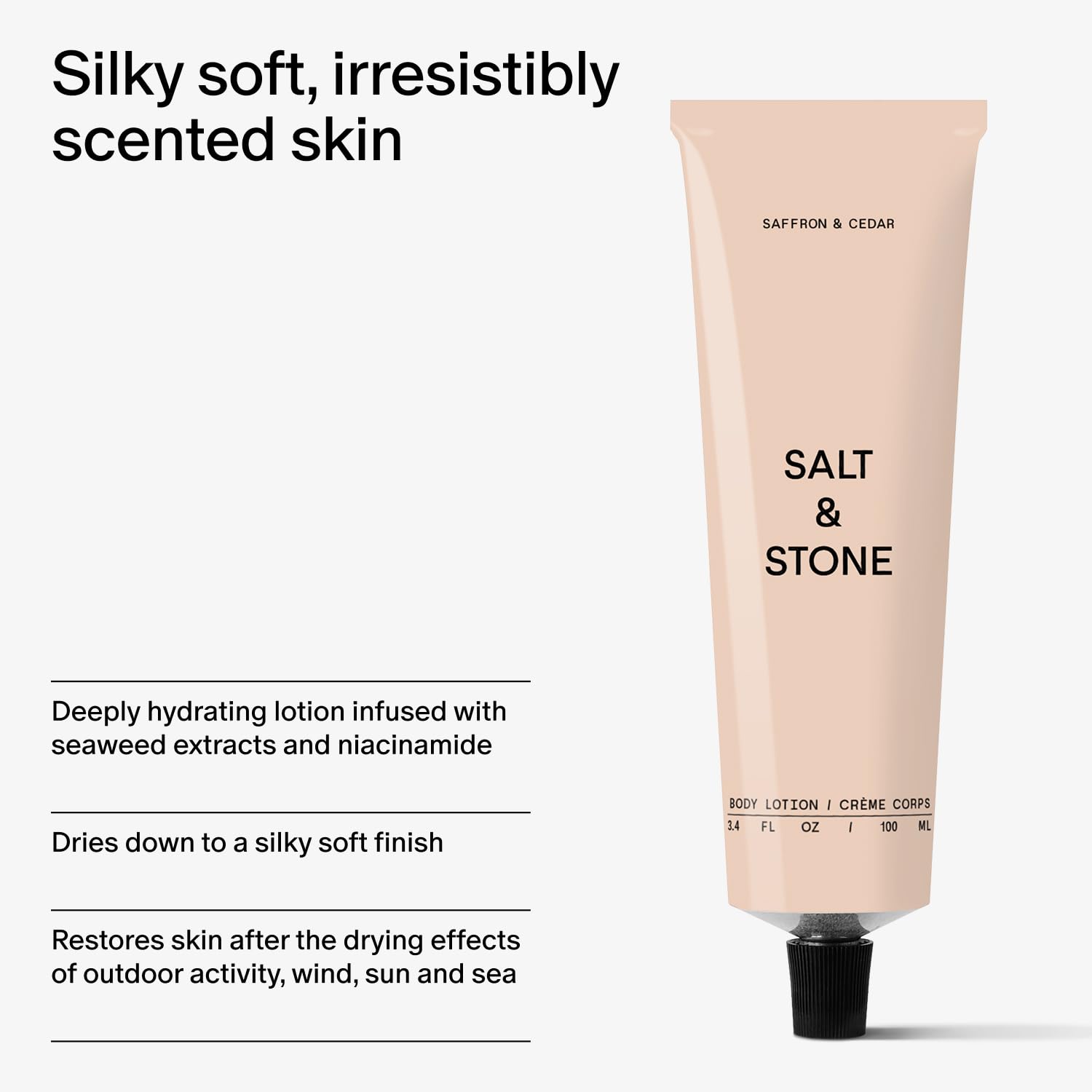 Salt & Stone label close-up listing seaweed, niacinamide, vitamin E benefits