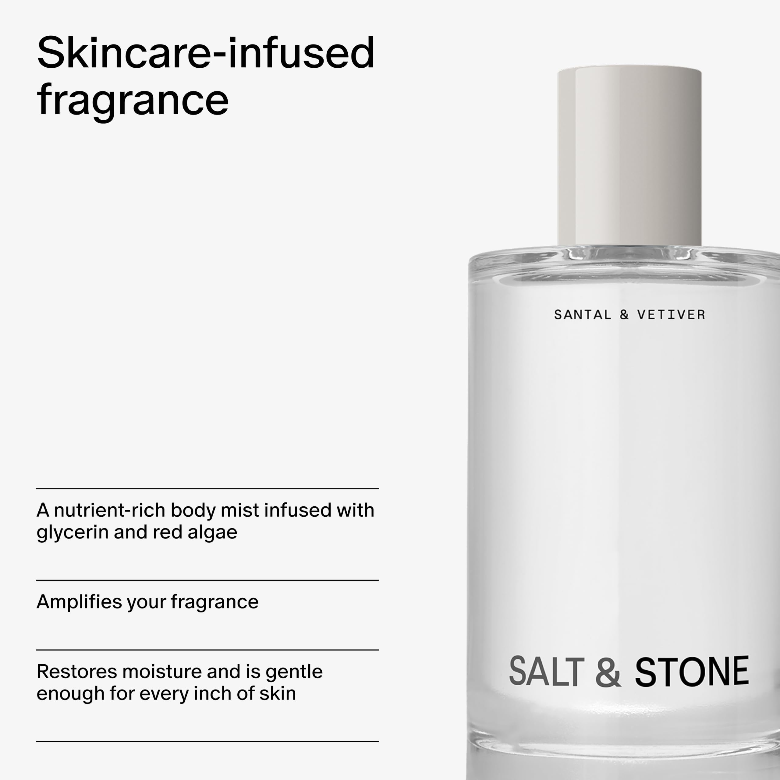 Salt & Stone mist lightly sprayed on clothing fabric, showing no marks and fresh scent
