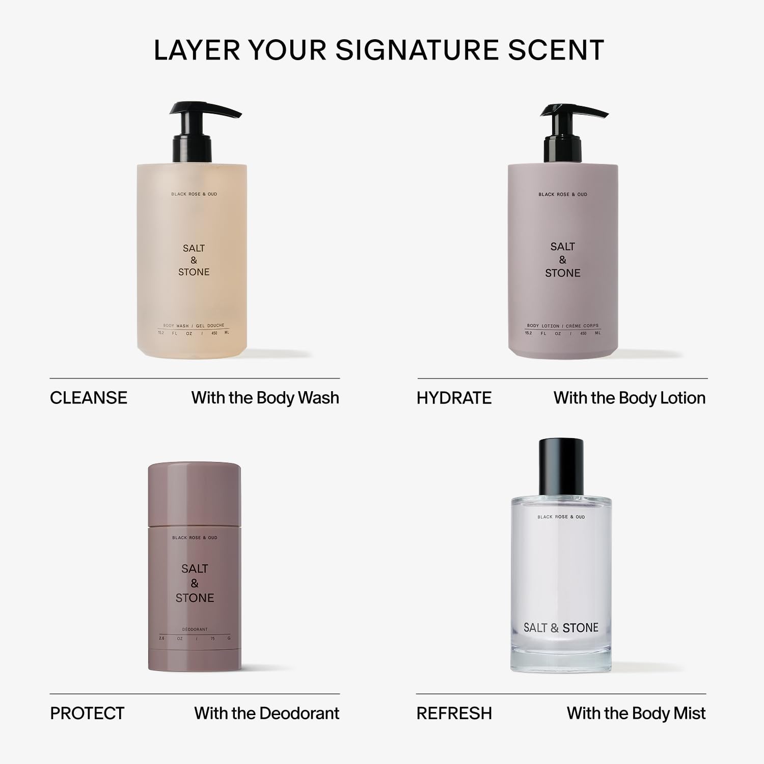 Salt & Stone body wash beside moisturizer showing complementary routine and lasting hydration