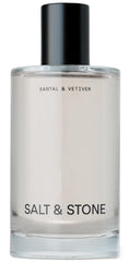 Salt & Stone bottle front packaging showing Santal & Vetiver fragrance, clear branding and warm tones.