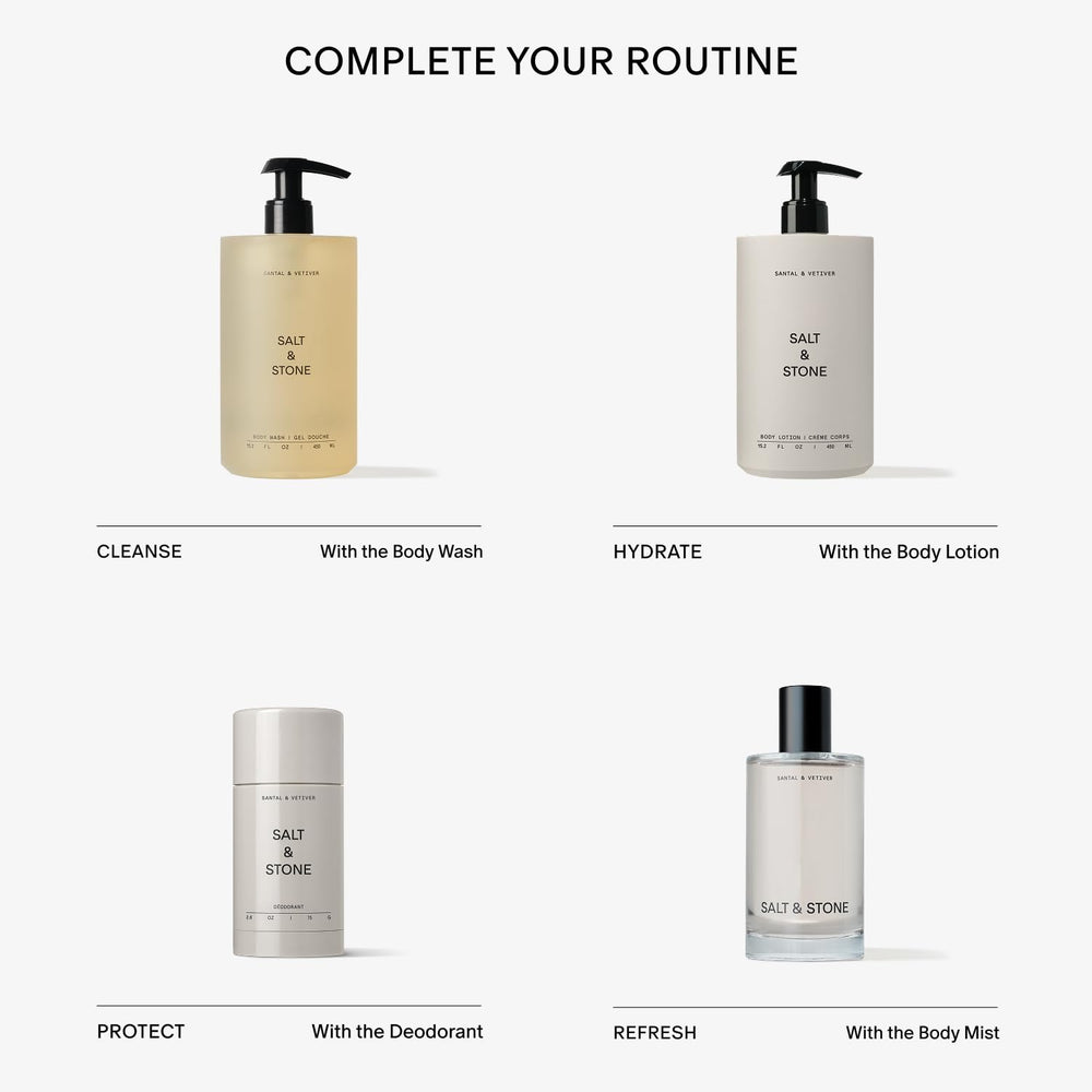 Lifestyle scene of Salt & Stone on bathroom shelf suggesting daily routine and refined woody scent.
