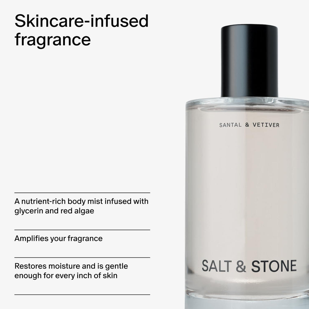Salt & Stone applied to hair mid-lengths, showing conditioning benefits and subtle scent layering.