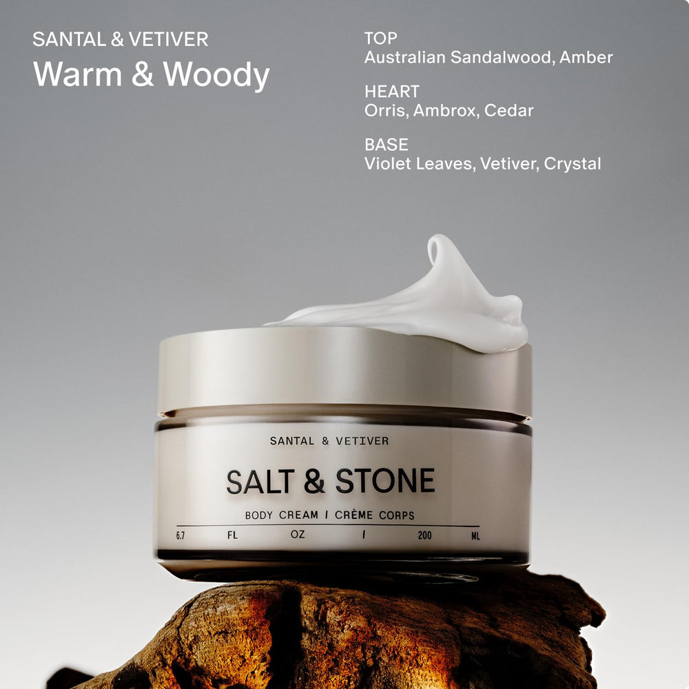 Salt & Stone open jar revealing creamy body cream and smooth spreadability