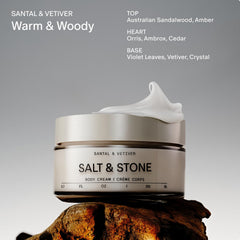 Salt & Stone open jar revealing creamy body cream and smooth spreadability
