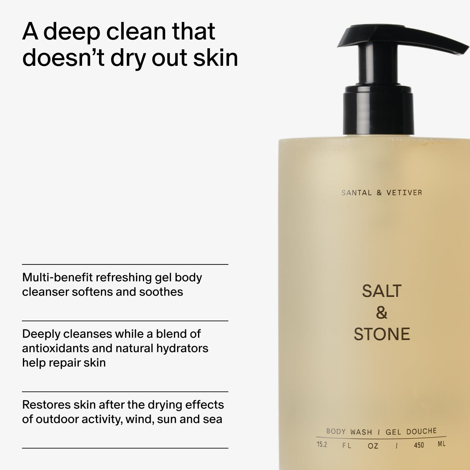 Salt & Stone bottle held in hand for scale showing true size and travel convenience benefit