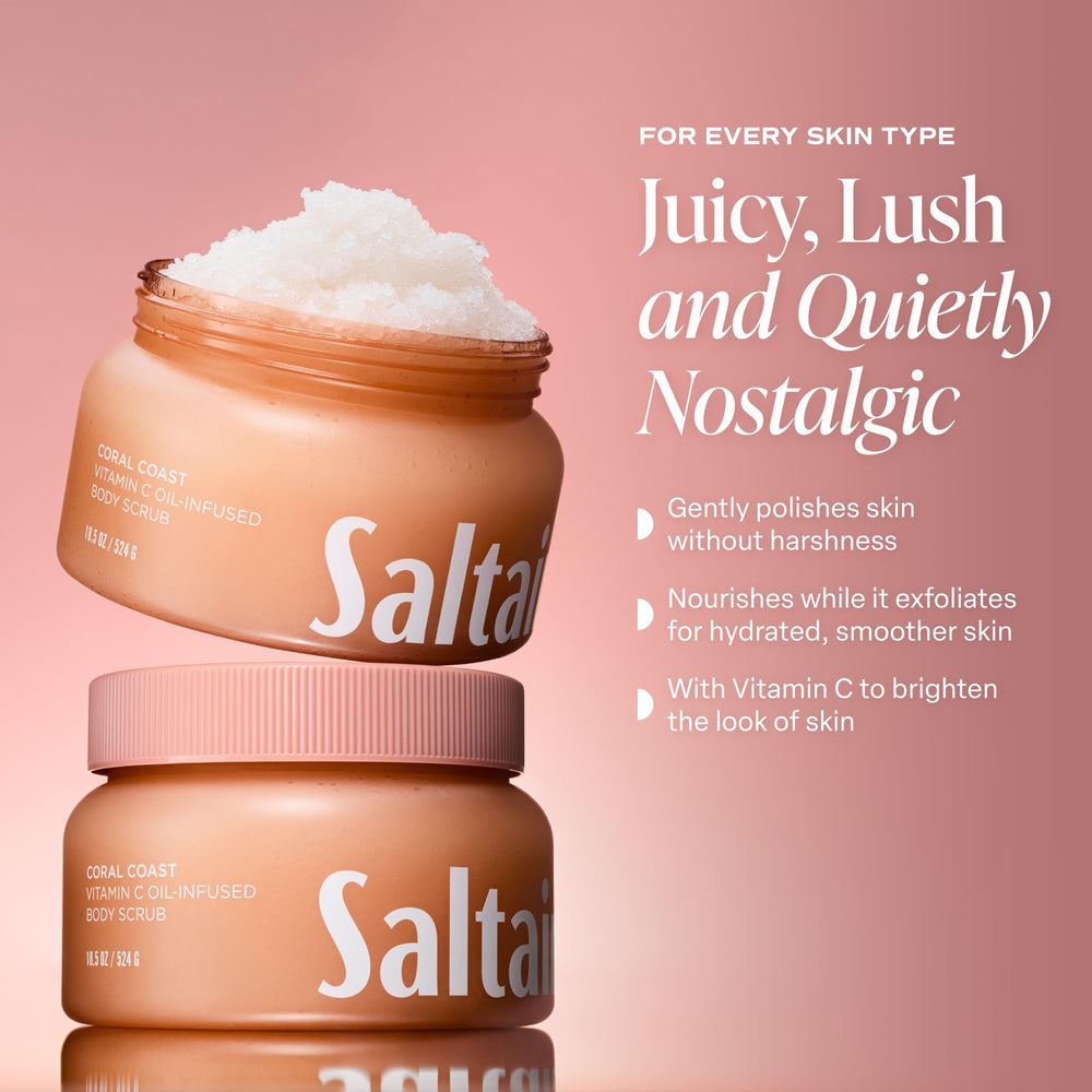 Saltair Coral Coast scrub applied in shower demonstrating gentle exfoliation