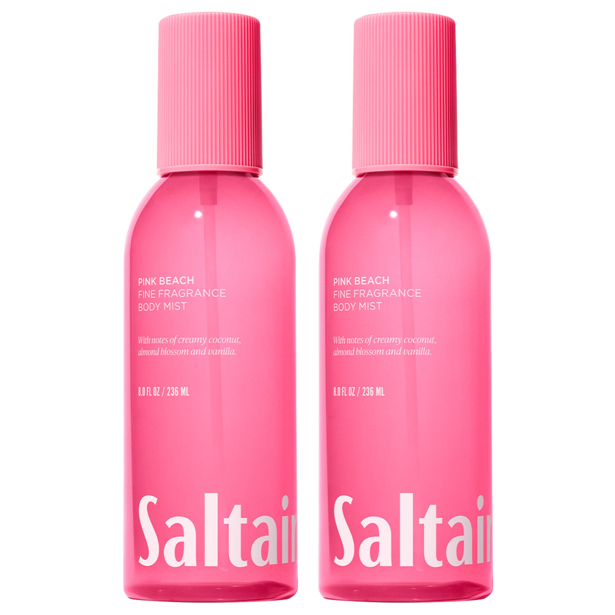 Saltair front packaging showing two 8 oz Pink Beach bottles and branding benefits