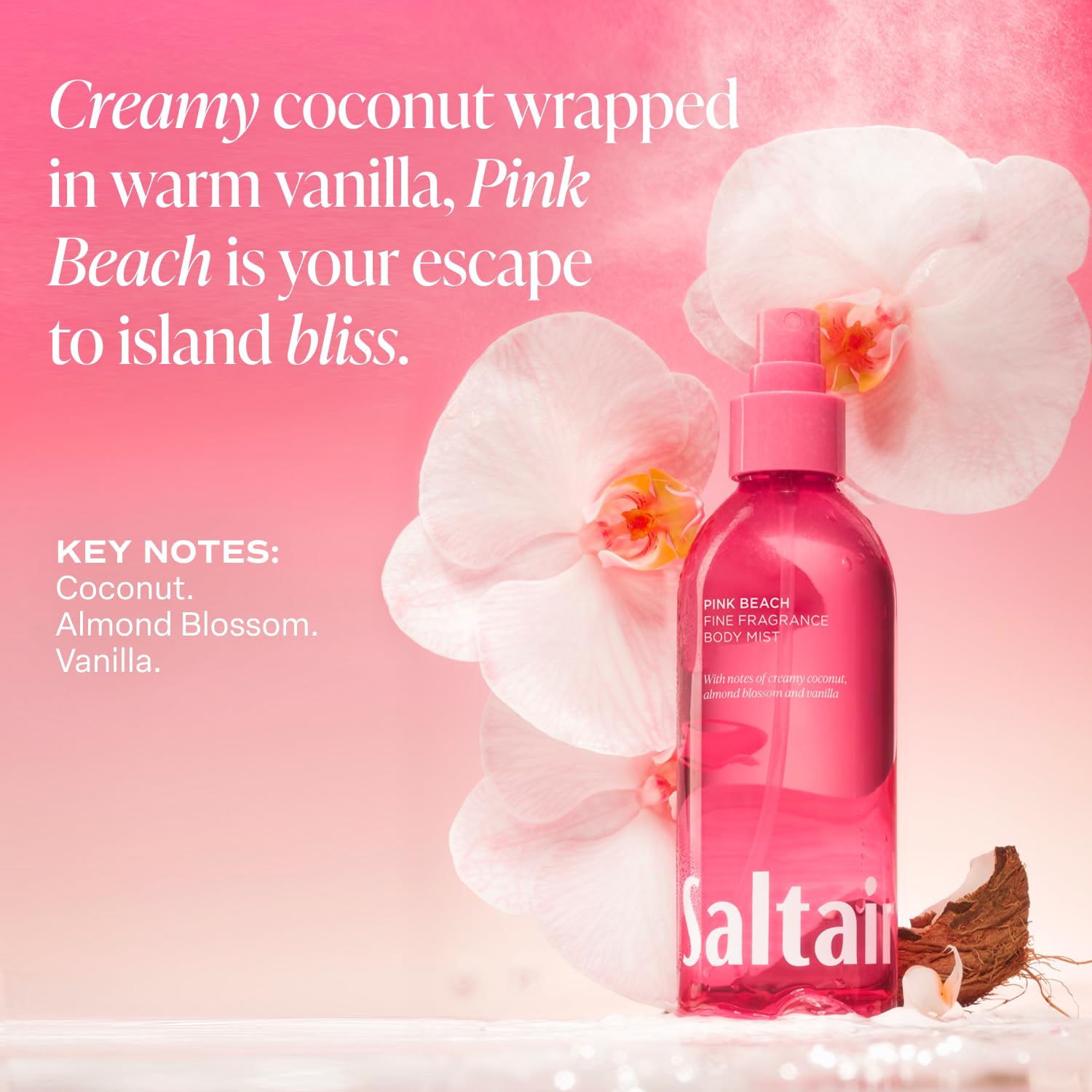 Saltair label detail highlighting Pink Beach notes and clean ingredient stance