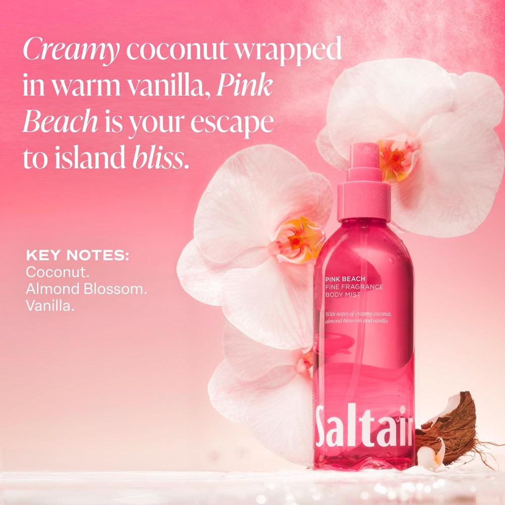 Saltair label detail highlighting Pink Beach notes and clean ingredient stance