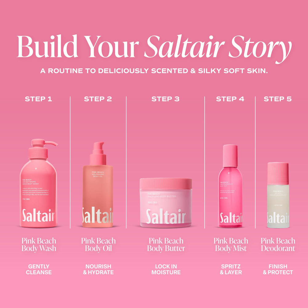 Saltair Pink Beach bottle beside a ruler showing the 4 oz scale and portability