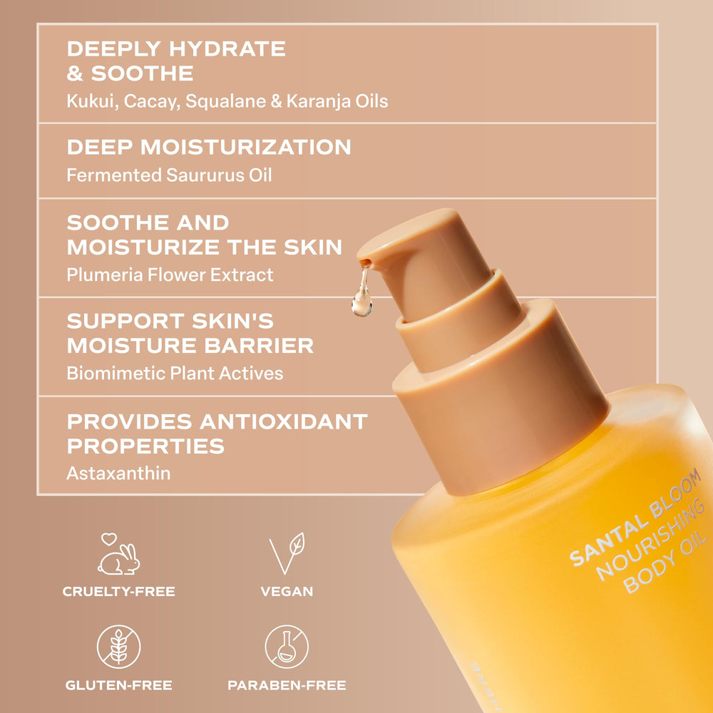 Botanical ingredients beside bottle showing kukui moringa and squalane benefit