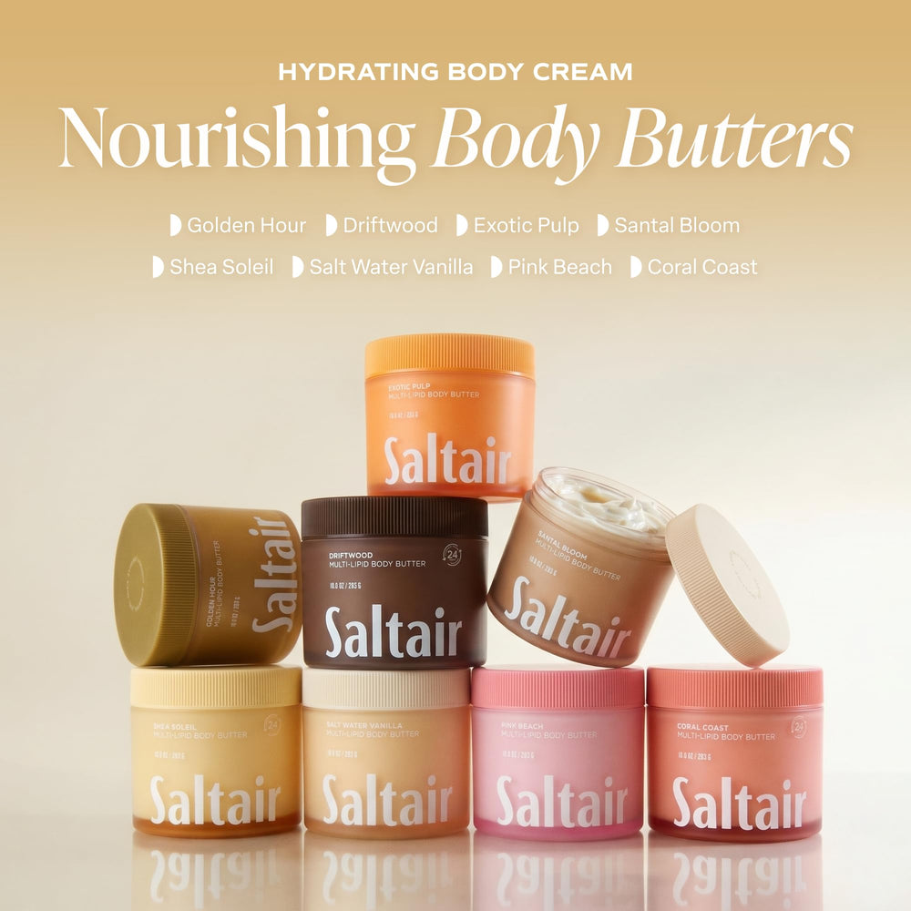 Saltair ingredients flatlay with sea buckthorn and shea illustrating nourishing lipids benefit