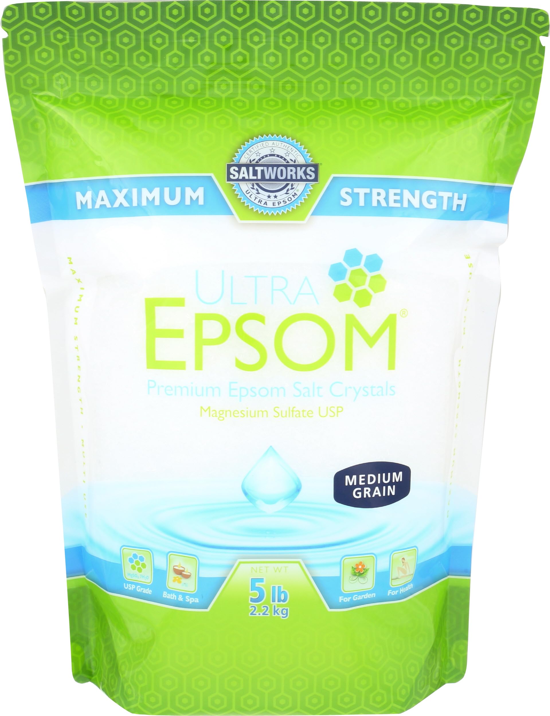 SaltWorks medium grain front packaging showing product and volume benefits