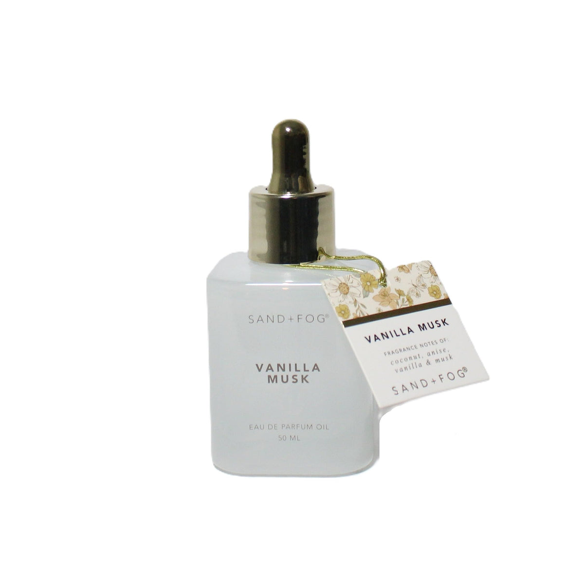 Sand + Fog bottle front view showing minimalist label and elegant vanilla aroma