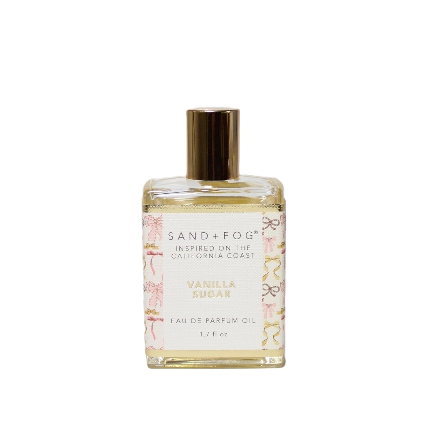 Sand + Fog front bottle with pink and gold accents showing elegant design and travel benefit