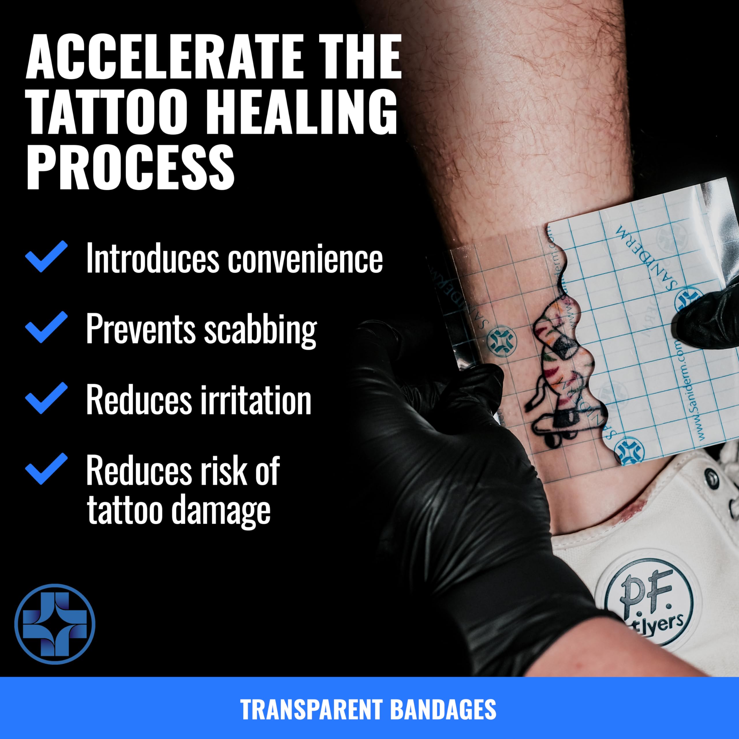 Saniderm applied on arm over fresh ink showing secure protection and visibility