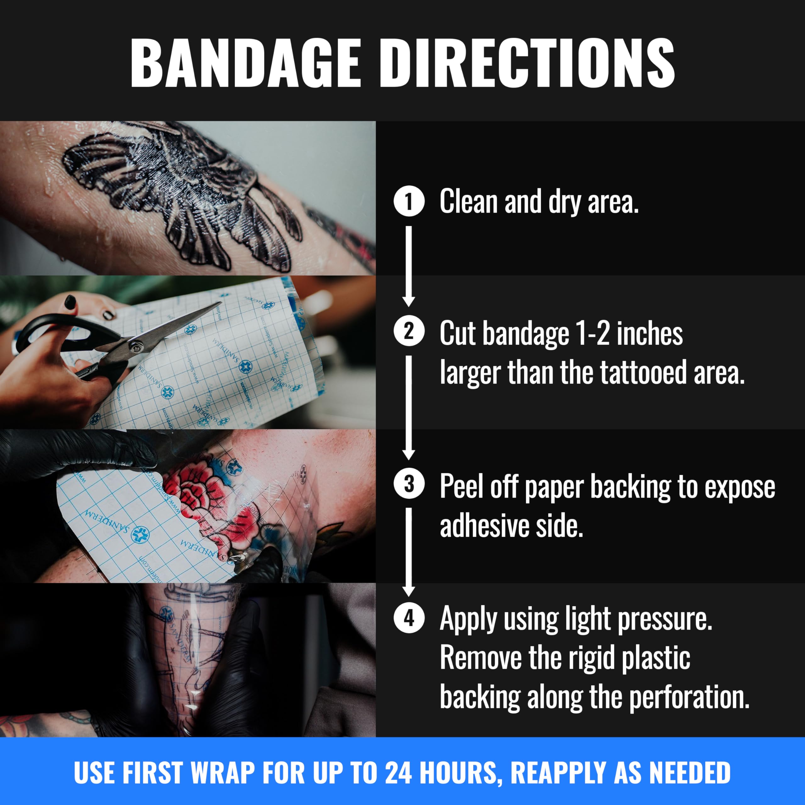 Saniderm bandage cut to size demonstrating custom fit for different tattoo areas