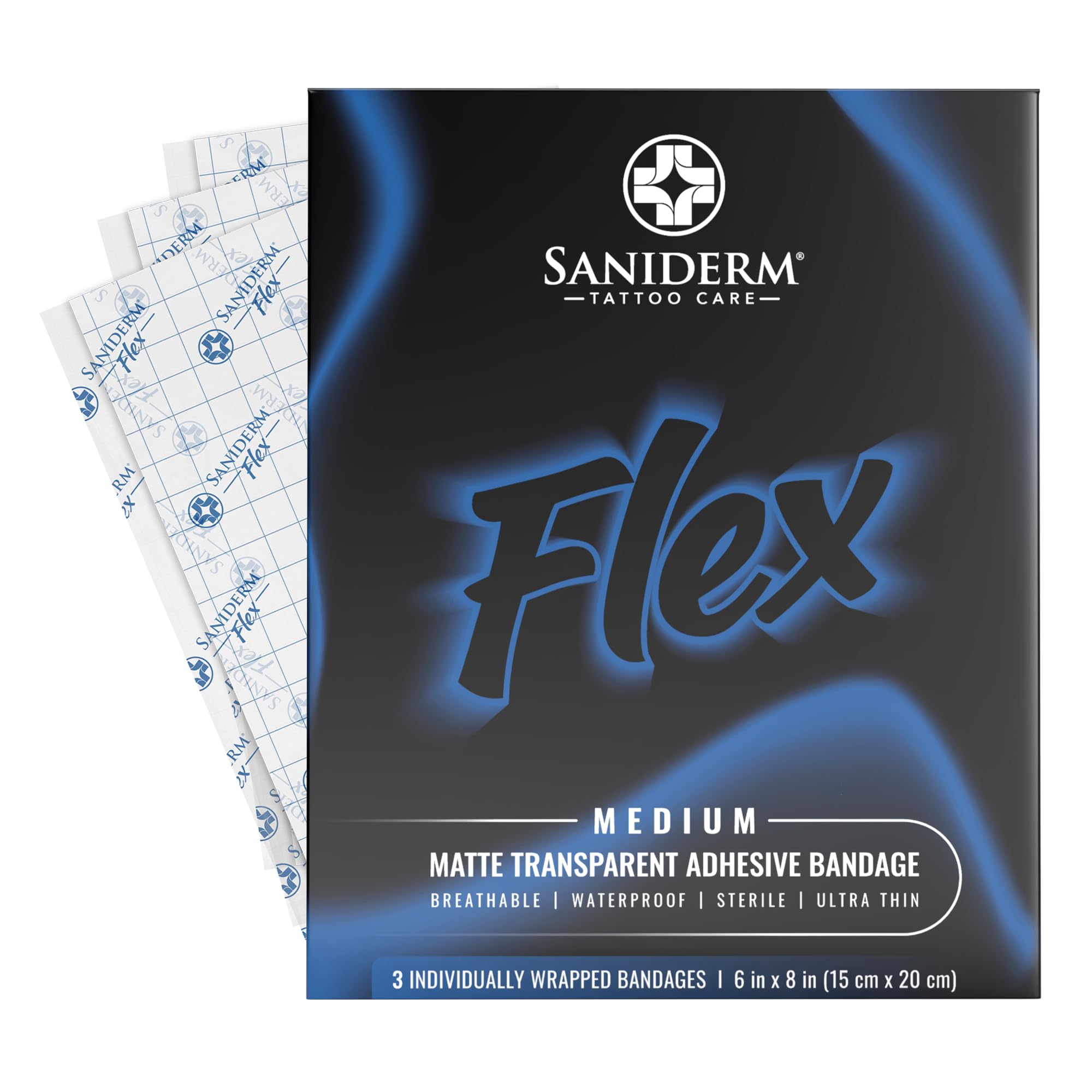 Saniderm front packaging showing Flex 3-sheet pack and benefits