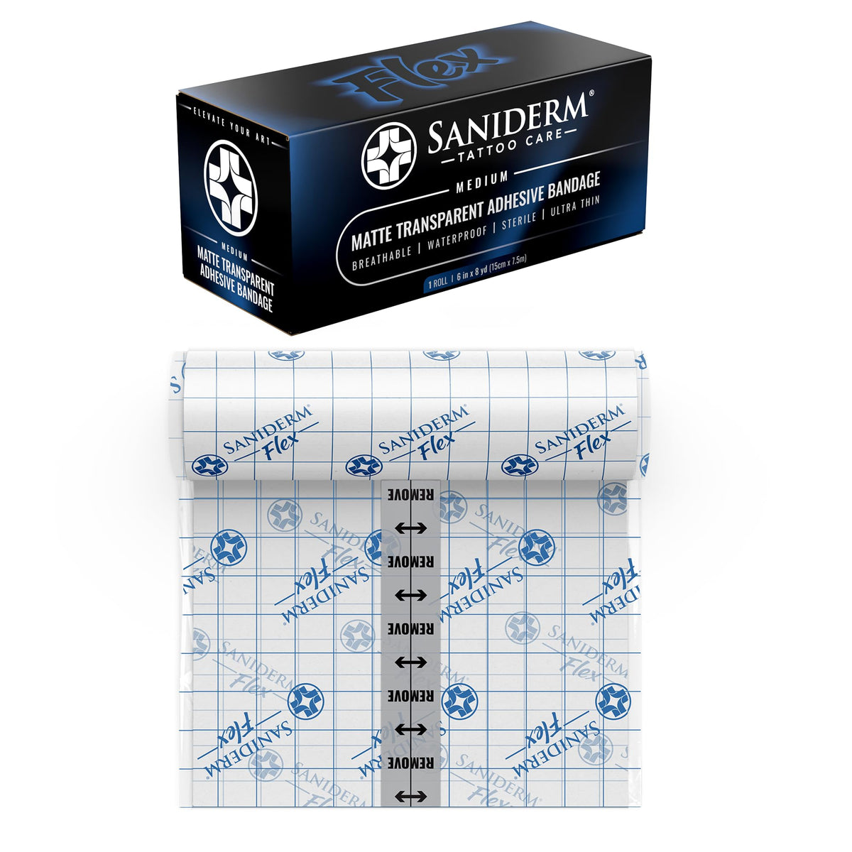 Saniderm Flex front packaging showing product and size benefit