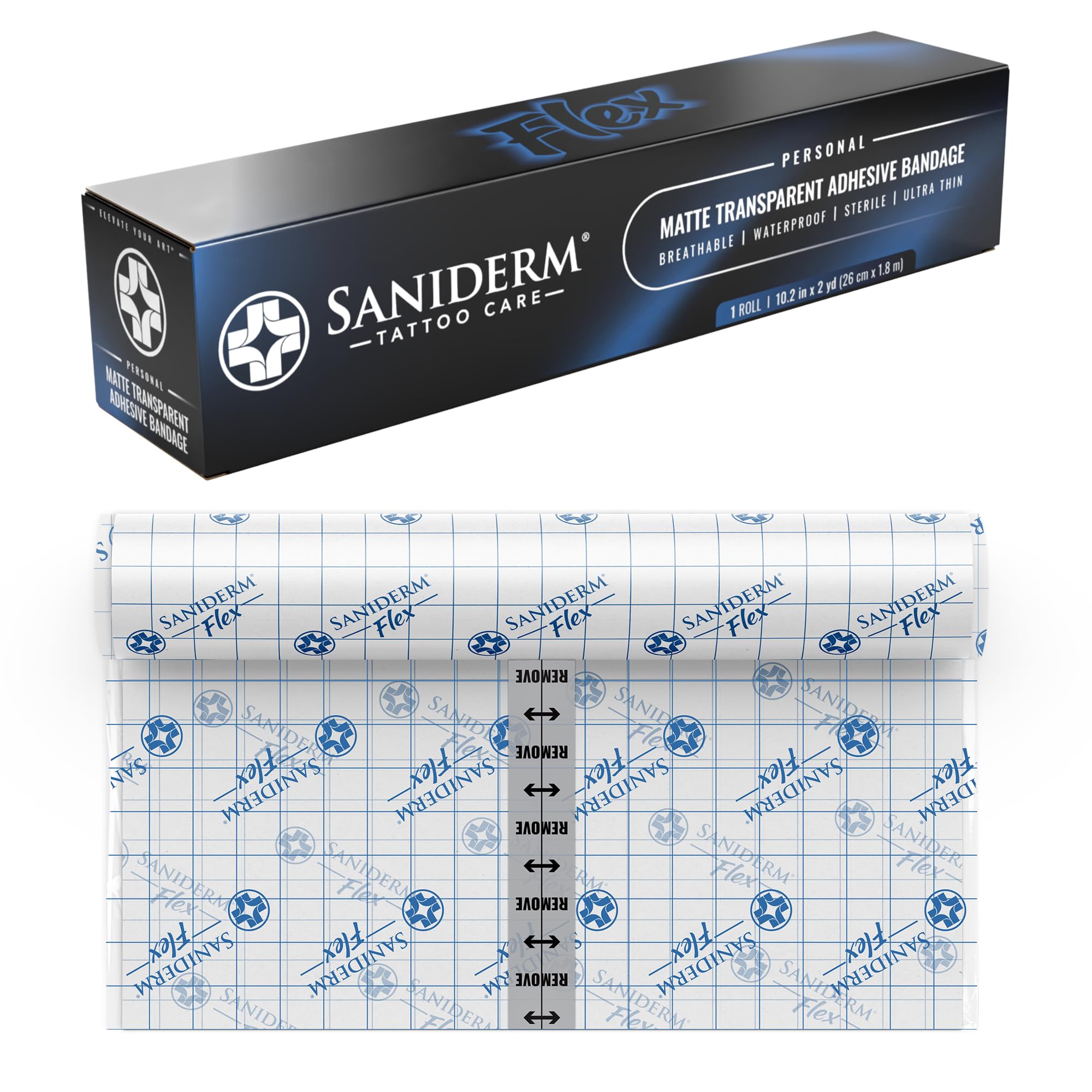 Saniderm Flex roll front view showing compact personal pack and easy dispensing