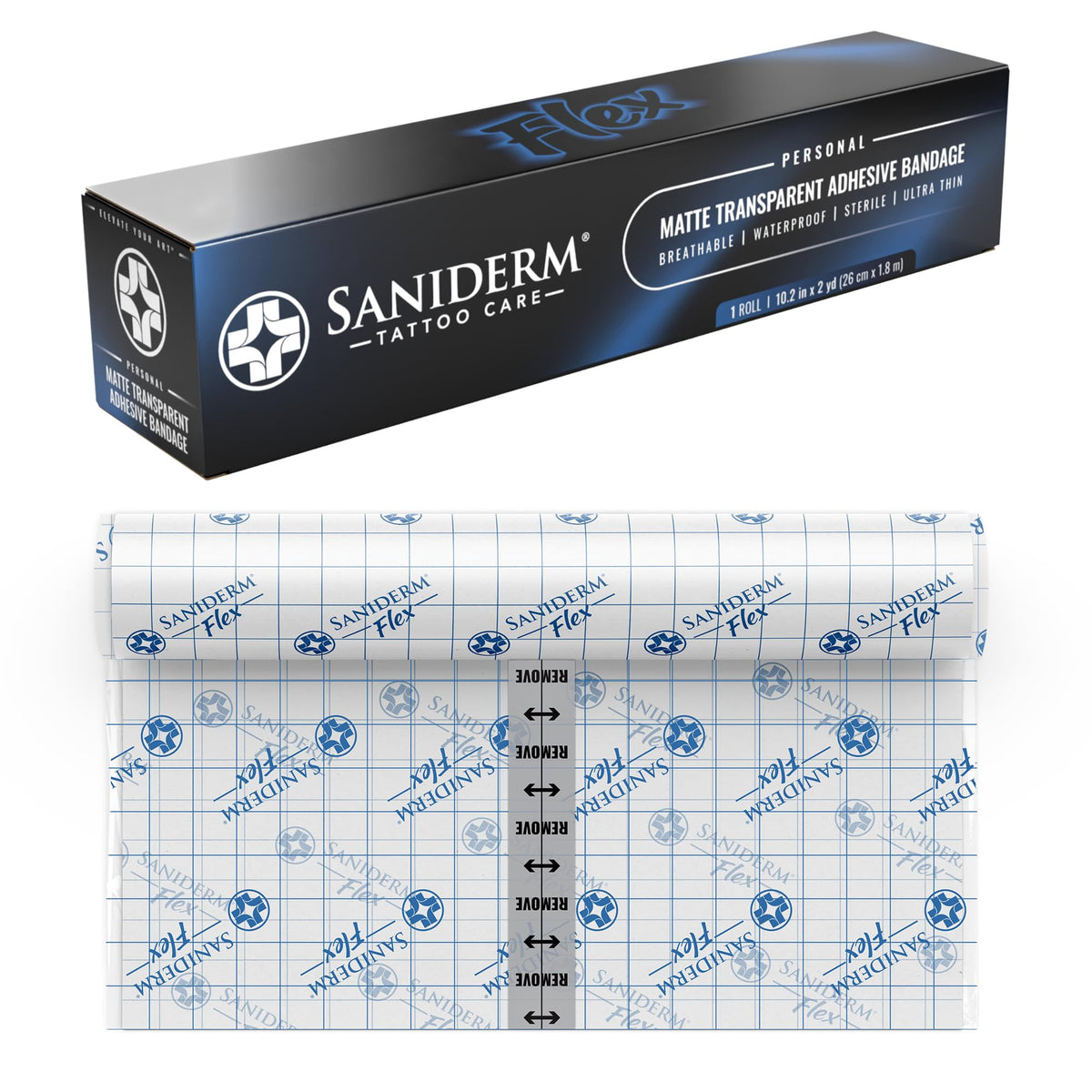 Saniderm Flex roll front view showing compact personal pack and easy dispensing