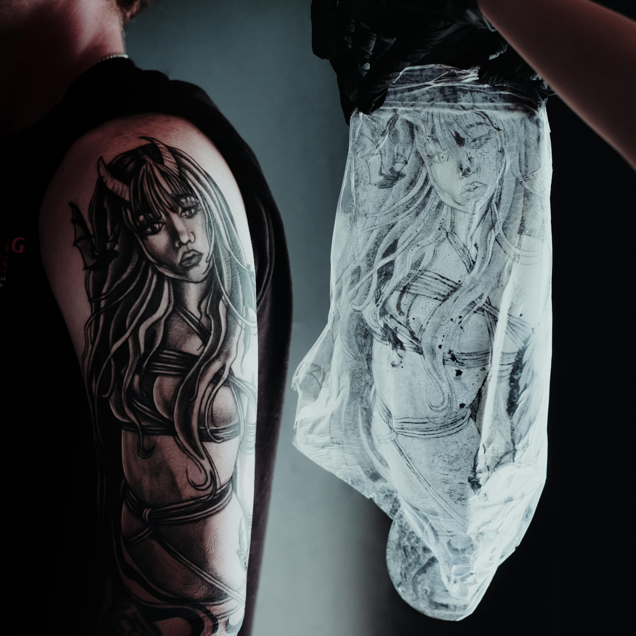 Saniderm in a tattoo studio lifestyle scene showing professional aftercare use