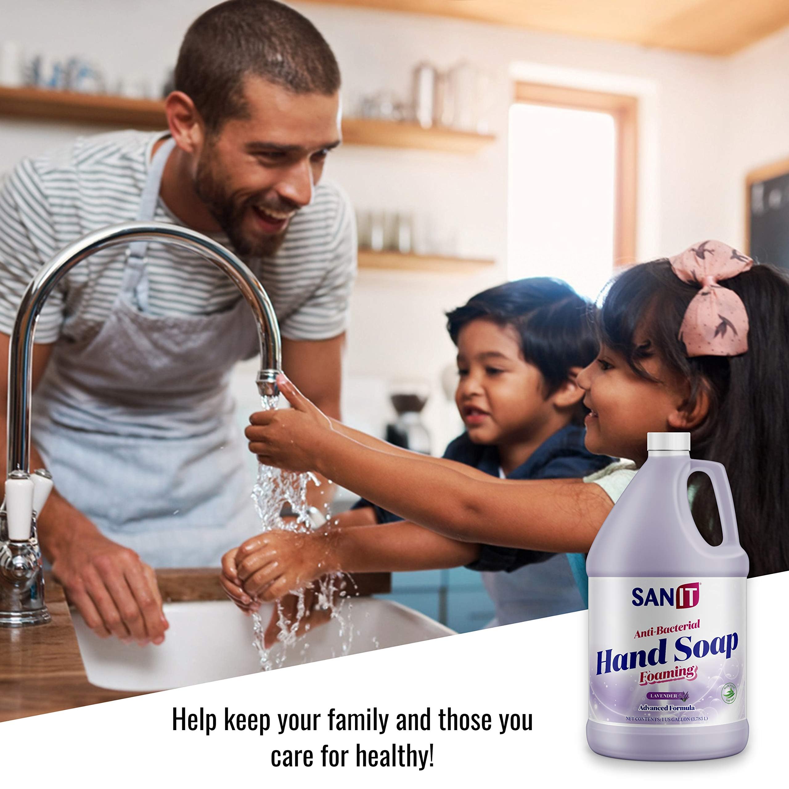 Sanit being poured into sink dispenser for efficient refill