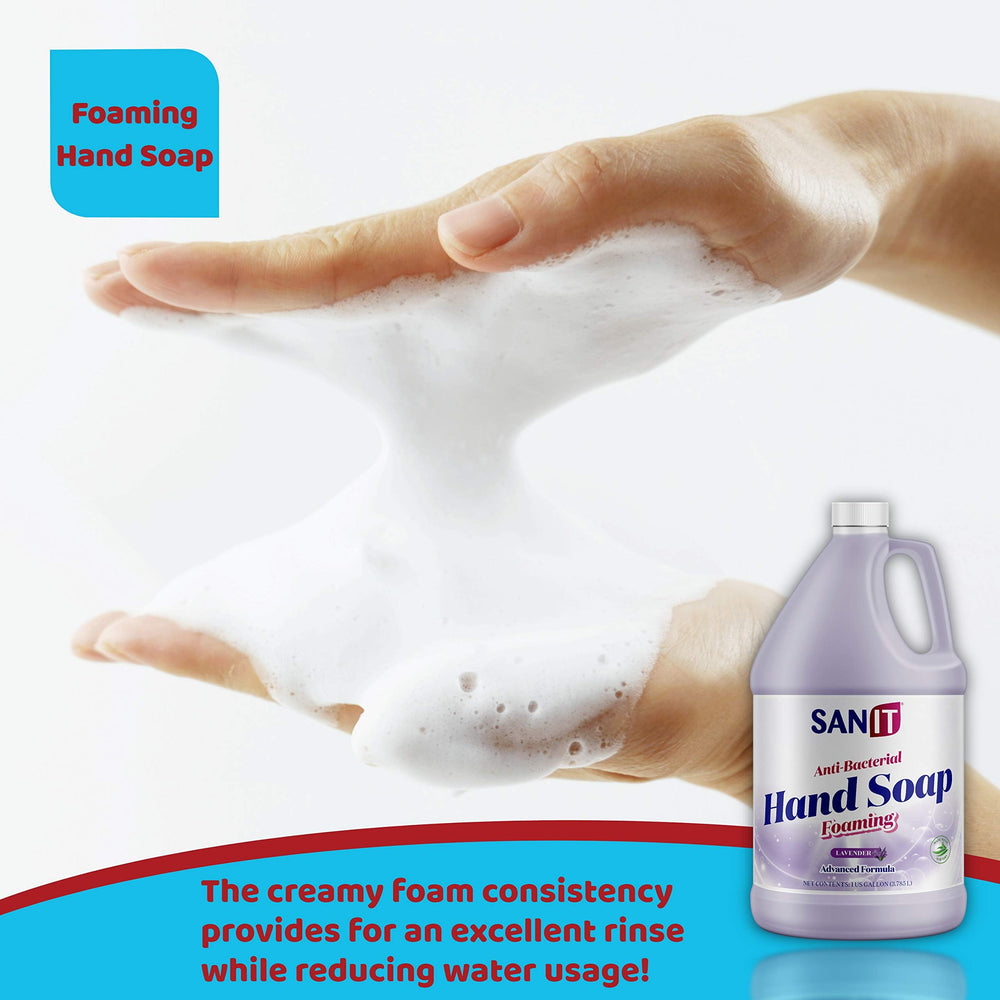 Sanit gallon held beside a hand to show refill size advantage