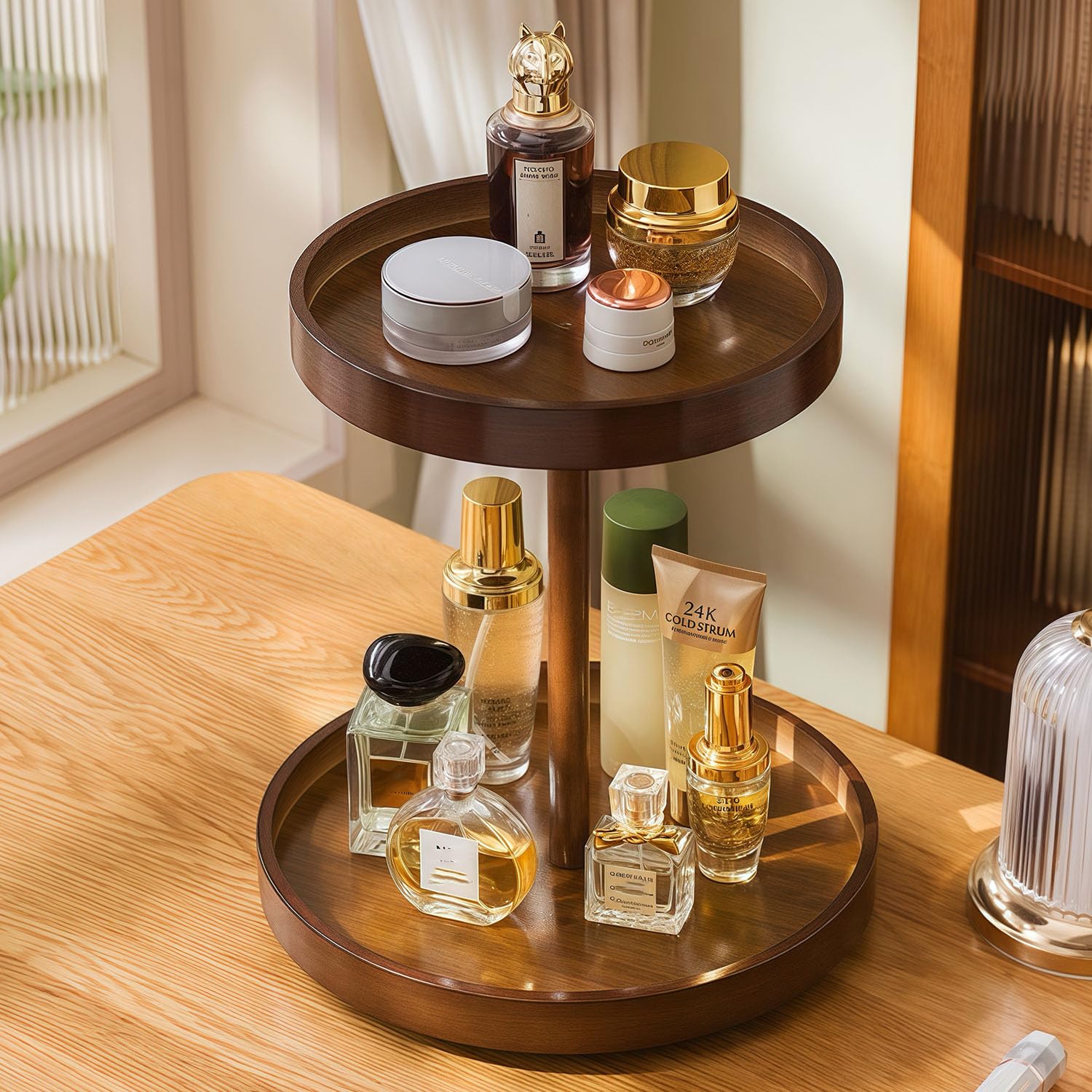 SANRETAHO front view of bamboo rotating organizer showing clean storage and quick access